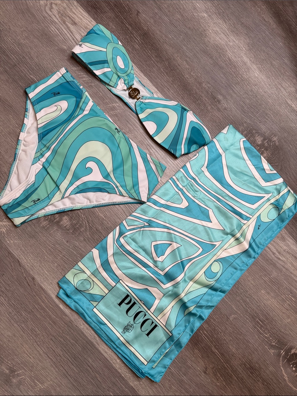 Emilio Pucci Turquoise & Mint Swirl Bikini Set with Scarf - Picture 4 of 4